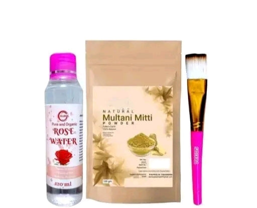 Face pack Multani Mitti Powder 200gm Rose Water Gulab Jal 120ml with Makeup Brush Pure and Natural Face and Hair Powder
