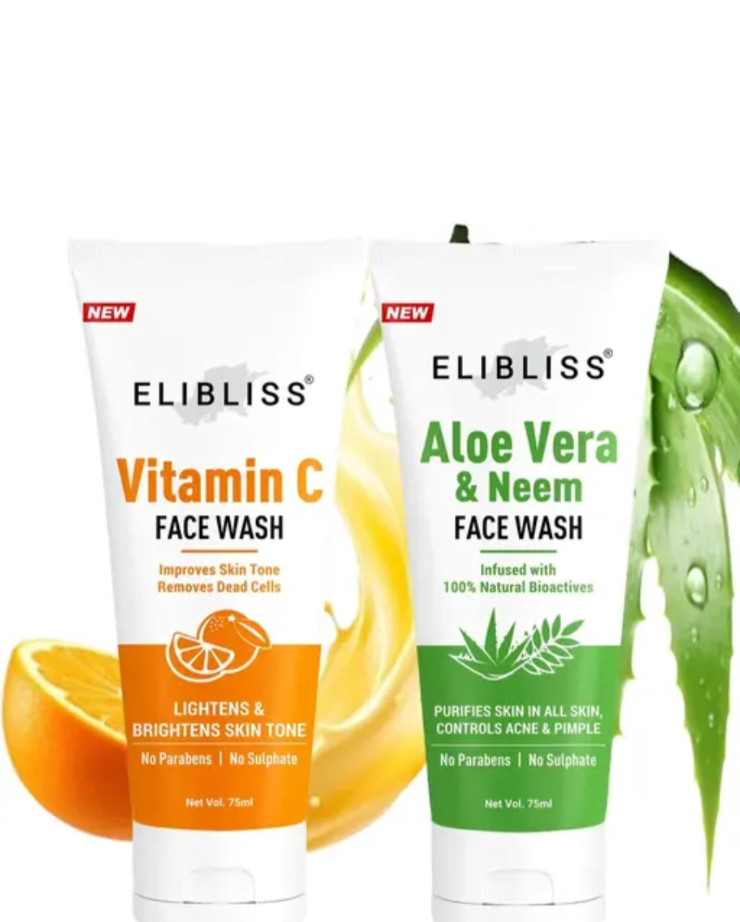ELIBLISS Vitamin C & AloeVera Neem Face Wash Combo | Brightening & Acne Control| Natural,Sulphat-Free,Paraben-Free (75ml Each)